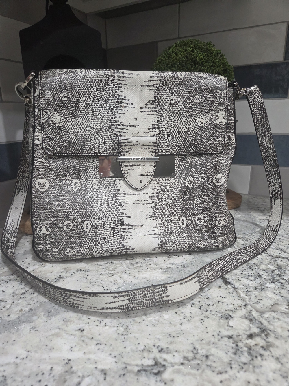 Henri Bendel Black & White Faux Snakeskin-Print Crossbody Bag